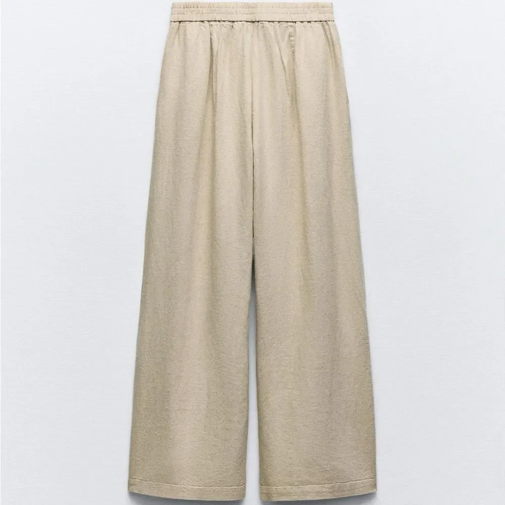 ZARA LINEN BLEND WIDE LEG PANTS LIGHT BEIGE